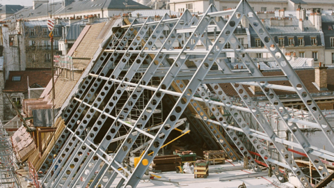 The roof of the gothic religious building, Collège des Bernardins in the midst of a reconstruction effort by Jean-Michel Wilmotte