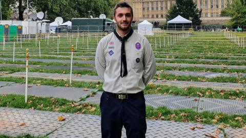 Liam Edgley outside the empty queue at Westminster