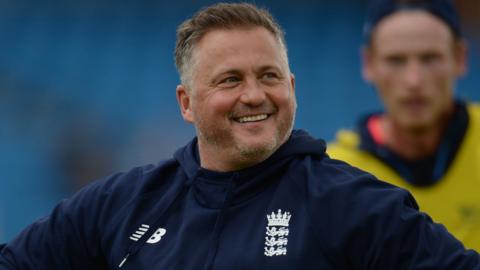 Darren Gough smiles while working as a fast bowling consultant for England in training