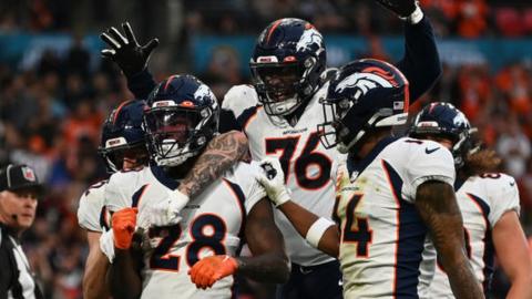 Latavius Murray celebrates a touchdown for the Denver Broncos at Wembley