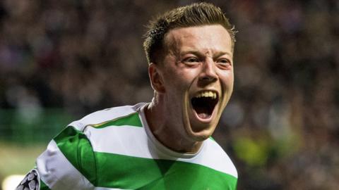 Callum McGregor (right) celebrates scoring for Celtic against Bayern Munich