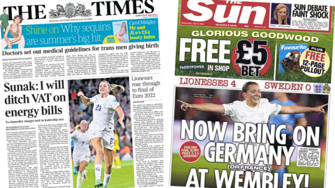 The headline in the Times reads, "Sunak: I will ditch VAT on energy bills", while the headline in the Sun reads, "Now bring on Germany (or France) at Wembley!"