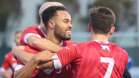 Francis Lekimamati celebrates scoring for Jersey Bulls