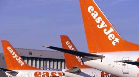 Easyjet planes on the ground at Luton Airport