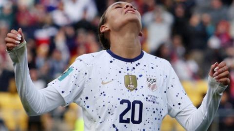 United States forward Trinity Rodman reacts during the Women's World Cup match with the Netherlands