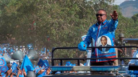 Malawi's President Peter Mutharika arrives for his final elections campaign rally at Mjamba Park in the commercial city of Blantyre