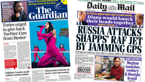 The headline in the Guardian reads, "Tories urged to give back 'further £5m from Hester'", while the headline in the Mail reads, "Russia attacks Shapps' RAF jet by jamming GPS".