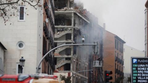 A view on destroyed building on Toledo street after a strong explosion caused the collapse of part of a building in Madrid