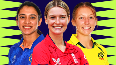 A graphic showing India's Smriti Mandhana, England's Lauren Bell and Australia's Darcie Brown