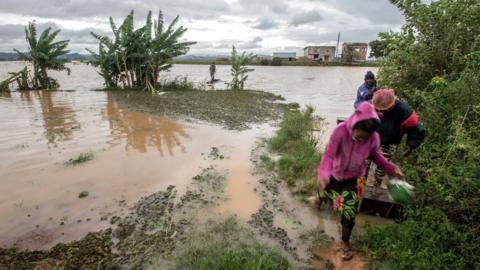 Workers take a makeshift boat to cross flooded vegetable gardens in Madagascar"s capital Antananarivo, on Thursday, March 9, 2017