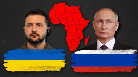 A composite of Zelensky and Putin with flags and map of Africa