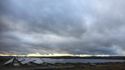 The solar farm - the sky is heavy with clouds