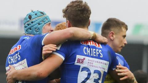 Exeter celebrate Zack Wimbush's late try