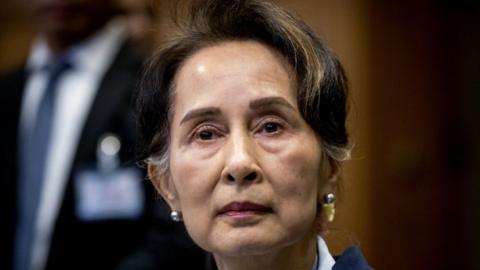 Aung San Suu Kyi looks on before the UN's International Court of Justice on December 11, 2019