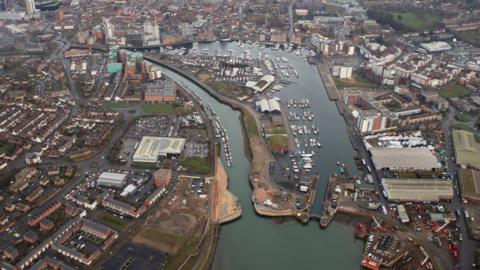 Ipswich waterfront with new tidal flood barrier