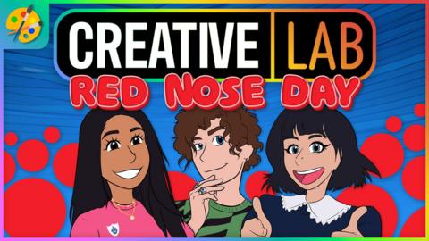 C鶹ҳ Creative Lab, Red Nose Day. Cartoons of the Blue Peter presenters surrounded by red noses.