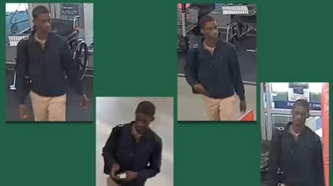 Police images of Terryon Thomas from surveillance footage. He is wearing a black, quarter-zip fleece and brown chinos.