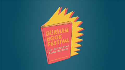 The Durham Book Festival logo, featuring a book being opened and yellow light shining out of the pages. It reads "Durham Book Festival, 10-13 October."