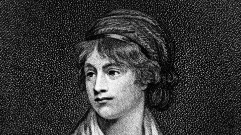 A black and white drawing of Mary Wollstonecraft.