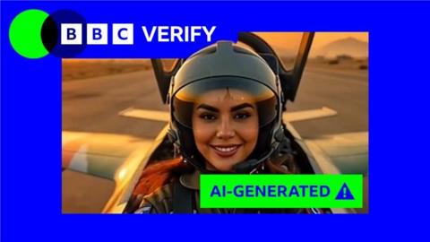 A graphic image showing the BBC Verify logo with an AI-generated image of a woman in a fighter jet.