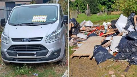 Composite image showing a silver Ford van with a fly-tipping warning notice on the windscreen, alongside a pile of rubbish left in a cemetery.