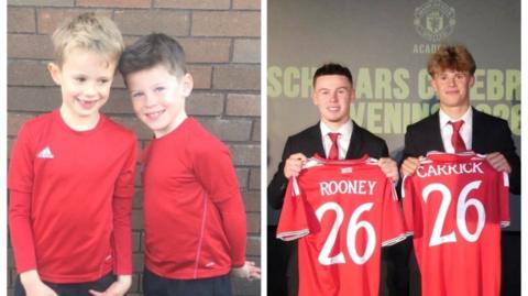 A split image showing Kai Rooney and Jacey Carrick holding up Manchester United shirts now and a picture of them together as young children