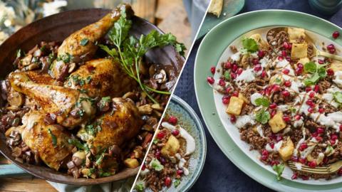 Split image, one side showing browned chicken legs, the other showing halloumi fatteh. 