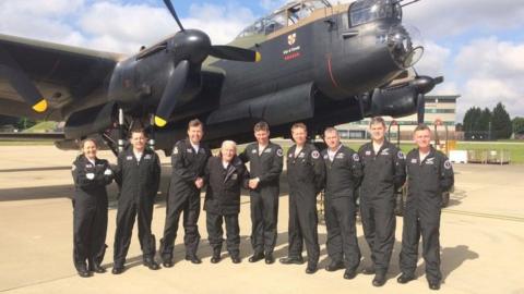 Battle of Britain Memorial Flight members after landing with George "Johnny" Johnson