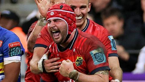 John Hodnett celebrates after scoring Munster's late winning try