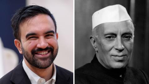 A collage of Zohran Mamdani and Jawaharlal Nehru