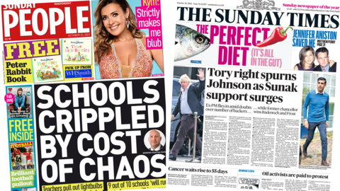 The headline in the Sunday People reads 'Schools crippled by cost of chaos' and the headline in the Sunday Times reads 'Tory right spurns Johnson as Sunak support surges'