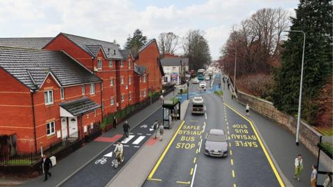 A computer generated image of a cycle lane on Whitchurch Road in Cardiff