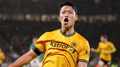 Hwang Hee-Chan celebrates scoring for Wolves