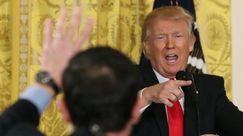 U.S. President Donald Trump takes questions from reporters during a news conference announcing Alexander Acosta as the new Labor Secretary nominee in the East Room at the White House on February 16, 2017 in Washington, DC