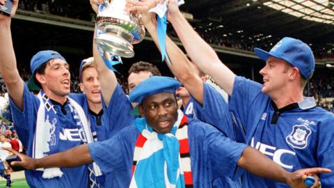 Daniel Amokachi (front) celebrates Everton's FA Cup win in 1995 with team-mates