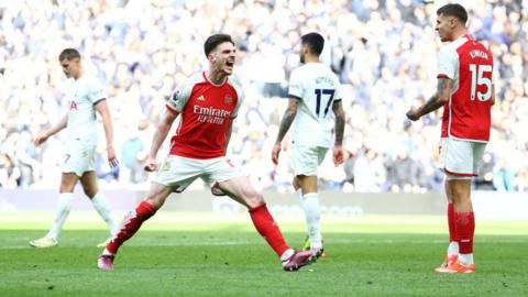 Declan Rice celebrates after Arsenal beat Tottenham Hotspur