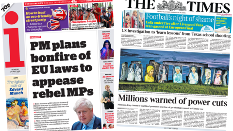 The headline in the i newspaper reads 'PM plans bonfire laws to appease rebel MPs' and The headline in The Times reads 'Millions warned of power cuts'