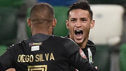 Matias Nicolas Garcia celebrates his goal for Floriana against Linfield