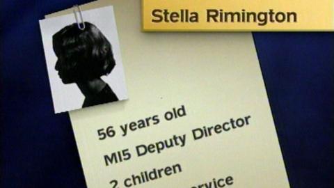 Still from news report which explains who Stella Rimington is. It says '56 years old, MI5 Deputy Director, 2 children'