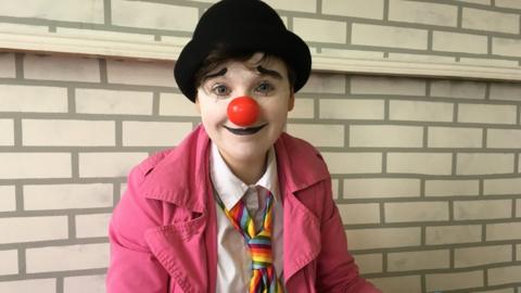 Jess dressed up as Kazoo the Clown.