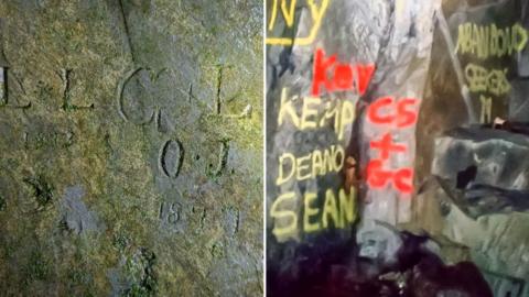 Two picture, one showing letters etched into a cave wall dated 1877 and