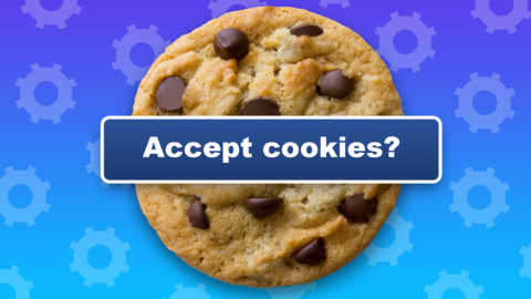 A chocolate chip cookie biscuit is seen with a banner overlaid, reading "accept cookies" in this illustraton