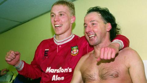 Steve Watkin and Mickey Thomas celebrate Wrexham's 1992 win over Arsenal