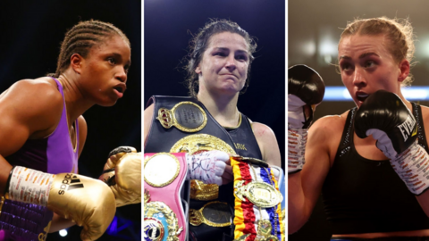 Split image of Caroline Dubois (L) in action, Katie Taylor holding her titles and Rhiannon Dixon in action