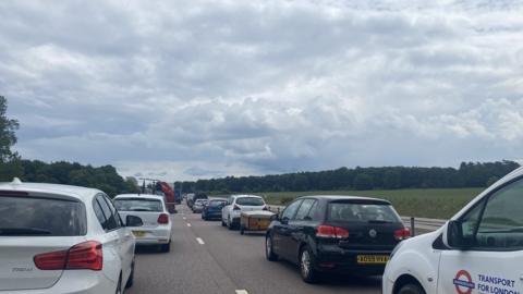 Traffic stopped on the A11 between Elveden and Barton Mills, near Mildenhall