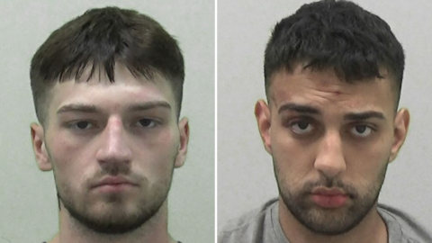 A composite of the men's mugshots. Reece Parish (on the left) has short, dark brown hair and facial hair He is looking blankly into the camera. Sam Asgari-Tabar has short black hair and facial hair. His head is tilted forward and he is slightly frowning.