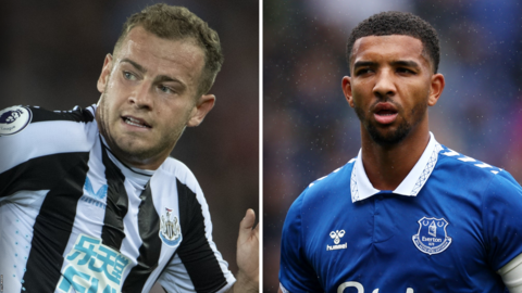 Ryan Fraser playing for Newcastle (left) and Mason Holgate (right) on the pitch for Everton