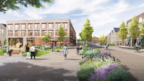 People are walking on paved areas, with flower beds nearby and a three-storey building on the left and a children's playground and parasols in an area in front of the building. More three-storey housing can be seen on the right, with the library building in the background.