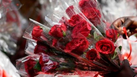 Bouquets of roses are for sale for Valentine's Day at a flower shop