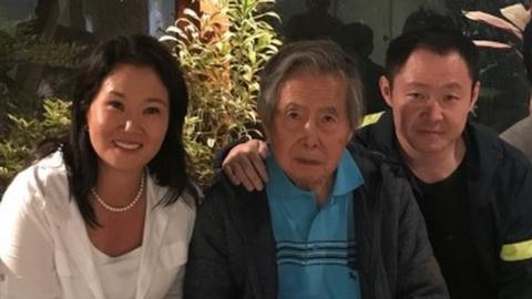 Former Peruvian President Alberto Fujimori poses for a photo with daughter Keiko and son Kenji in Lima, Peru, in this photo obtained from social media, January 4, 2018.
